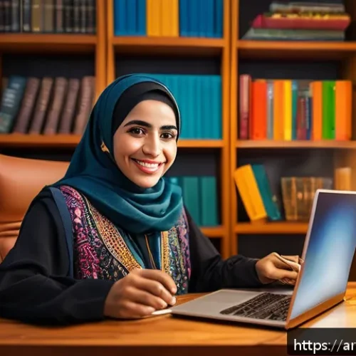 Home 31 스토리텔러로서 개인 브랜드를 성장시키는 법 - A professional Arab digital storyteller seated at a modern desk with a laptop and microphone, surrou...