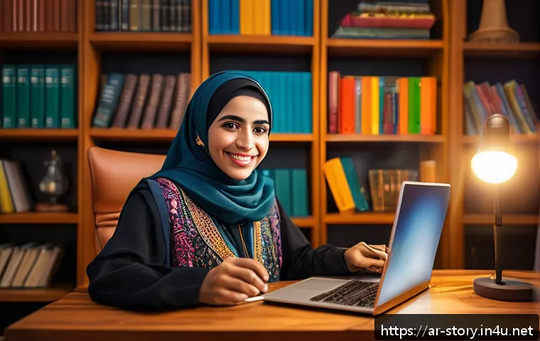 스토리텔러로서 개인 브랜드를 성장시키는 법 - A professional Arab digital storyteller seated at a modern desk with a laptop and microphone, surrou...