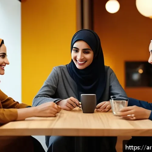 Home 30 스토리텔러가 해결한 고객 성공 사례 - A warm, inviting scene of a diverse group of Arabic-speaking customers sharing heartfelt stories abo...