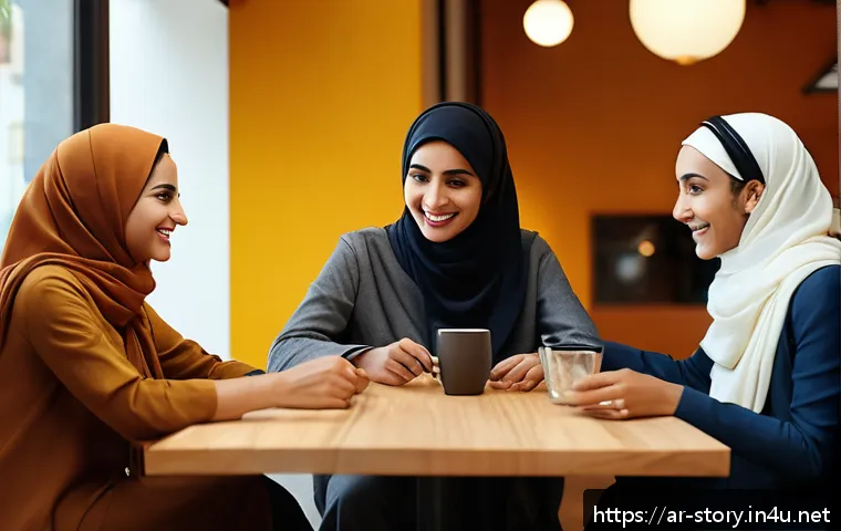 스토리텔러가 해결한 고객 성공 사례 - A warm, inviting scene of a diverse group of Arabic-speaking customers sharing heartfelt stories abo...