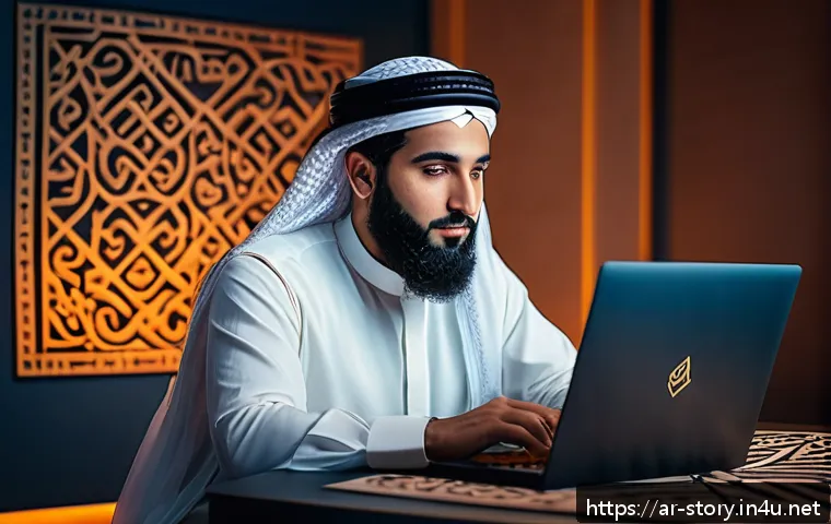 스토리텔러 직업의 성공 사례와 성장 가능성 분석과 연구 - A professional digital storyteller of Middle Eastern descent, sitting in a modern home studio decora...