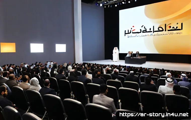 스토리텔러와 관련된 컨퍼런스 및 네트워킹 - Photorealistic storytelling conference in a modern Dubai cultural venue, Arab female presenter in el...