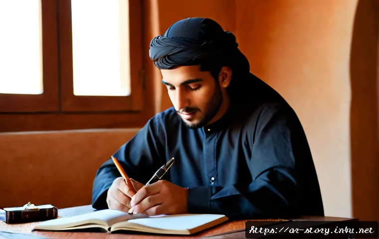 스토리텔러의 창작과 모방 사이 - Photorealistic editorial scene of an Arab storyteller in modest traditional clothing seated at a woo...