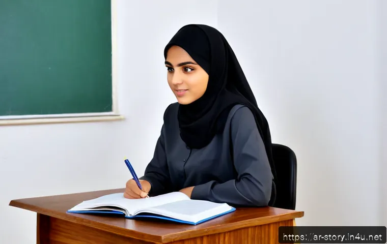스토리텔러 실기 시험 고득점 비법 - Photorealistic Arabic storytelling practical exam scene, confident young Arab woman wearing modest p...