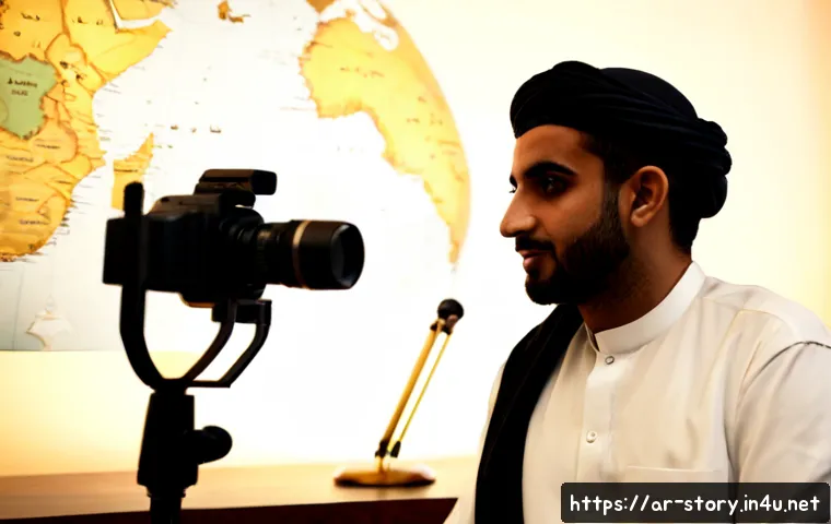 Home 17 스토리텔러로서의 글로벌 진출 전략 - Photorealistic editorial scene of an Arab storyteller in elegant modest contemporary attire recordin...