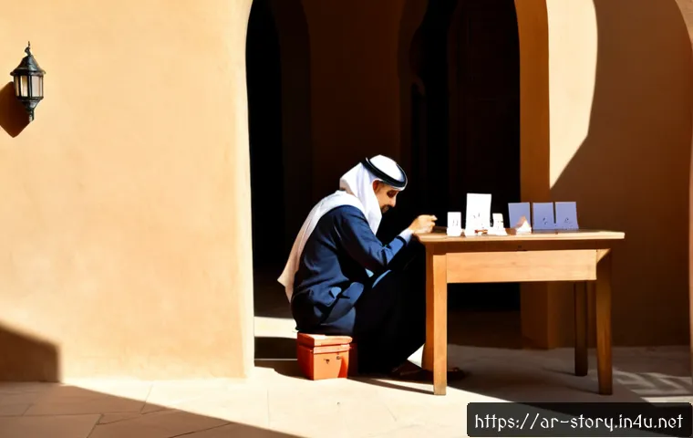 스토리텔러의 창의적 사고와 문제 해결 방법 - Photorealistic Arab storyteller in modest contemporary clothing seated at a sunlit wooden desk, thou...