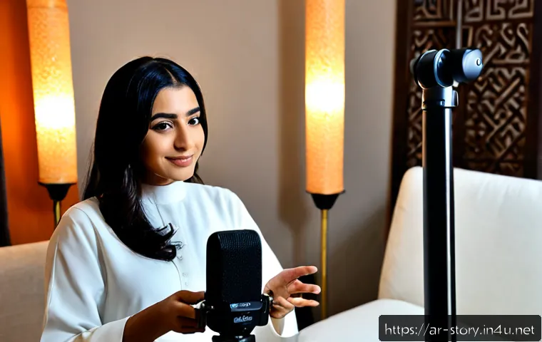 Home 30 스토리텔러와 미디어 트렌드 - Photorealistic Arab female storyteller in modest elegant attire recording a video podcast at a clean...