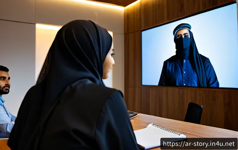 Home 17 스토리텔러가 참여한 글로벌 프로젝트 리뷰 - Photorealistic editorial scene of an Arab storyteller in modest contemporary clothing leading a glob...
