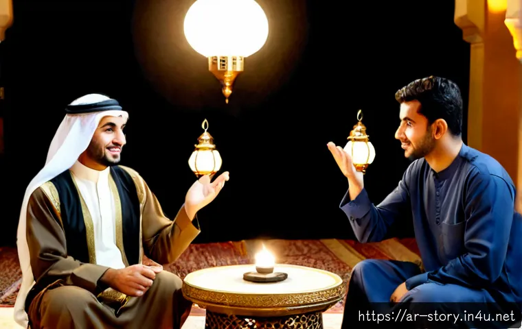 스토리텔러로서 성공하기 위한 5가지 법칙 - Photorealistic editorial scene of a confident Arab storyteller in modest contemporary clothing shari...