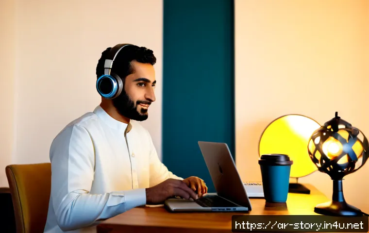 스토리텔러 직업의 글로벌 전망 - Photorealistic editorial scene of a confident Arab storyteller in modest contemporary clothing recor...