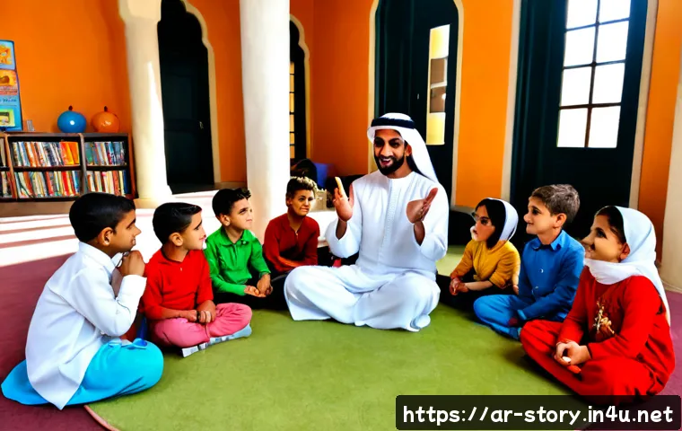 스토리텔러 자격증과 관련된 실무 사례 - Photorealistic professional Arab storyteller leading an interactive heritage storytelling workshop f...